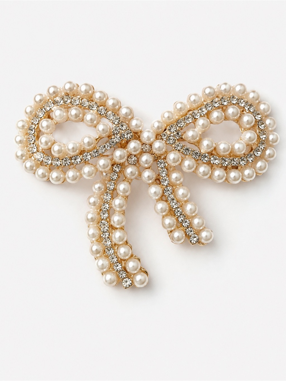 Vintage Style Pearl Rhinestone Bow Brooch Gold Tone Statement Pin